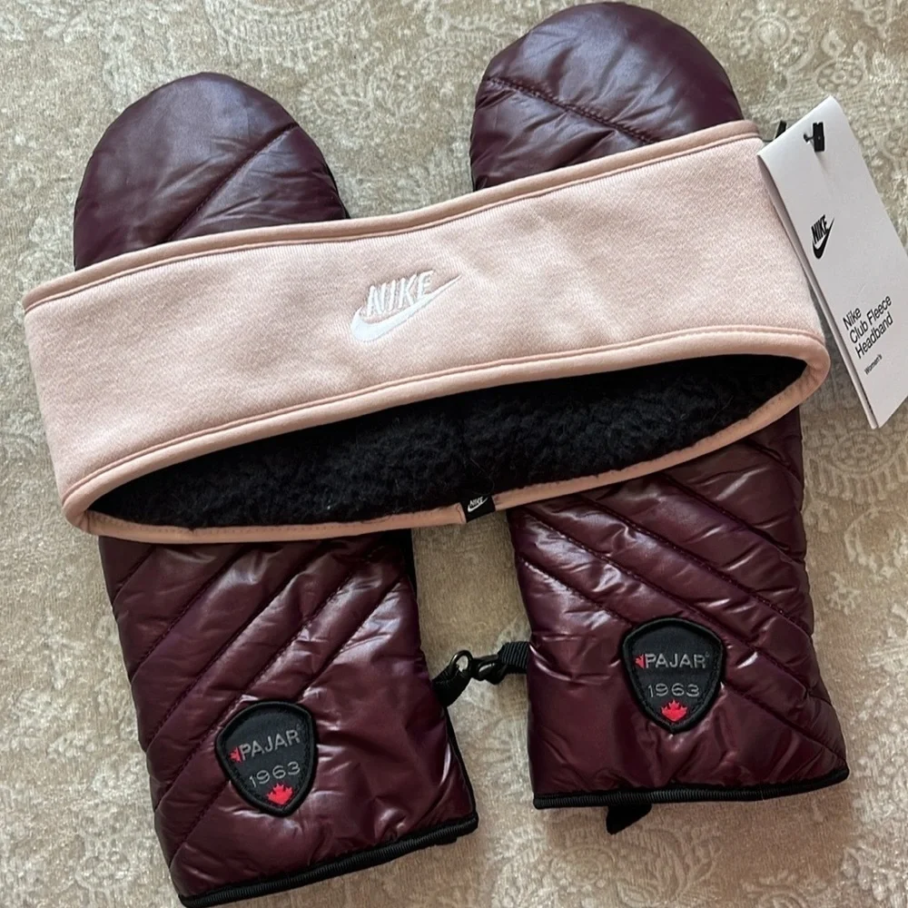 NWT Nike Club Fleece Pink Headband & NWOT Pajar 1963 Canada Burgundy Mittens Set
